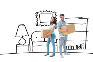 Midway Moving & Storage couple in front of animation screen