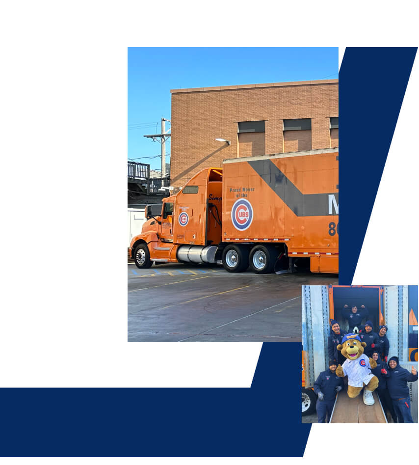 A Midway moving truck and crew along with a decorative blue line