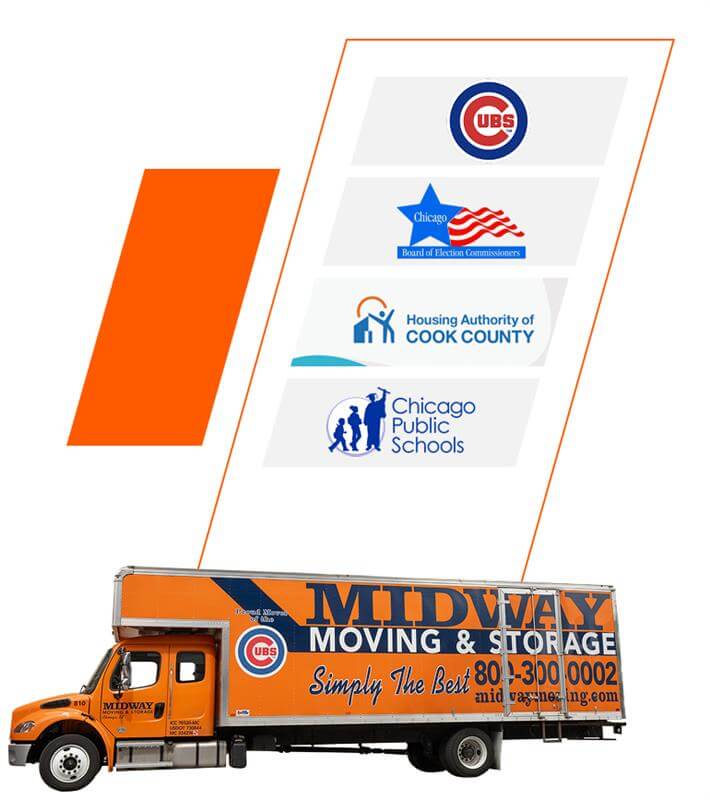 A Midway truck underneath the logos for the Chicago Cubs, Chicago Board of Election Commissioners, Housing Authority of Cook County, and Chicago Public Schools